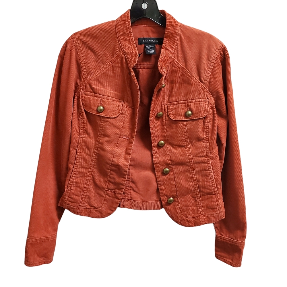 Calvin Klein Jeans Burnt Orange Corduroy Bronze Button Back Graphic Jacket M